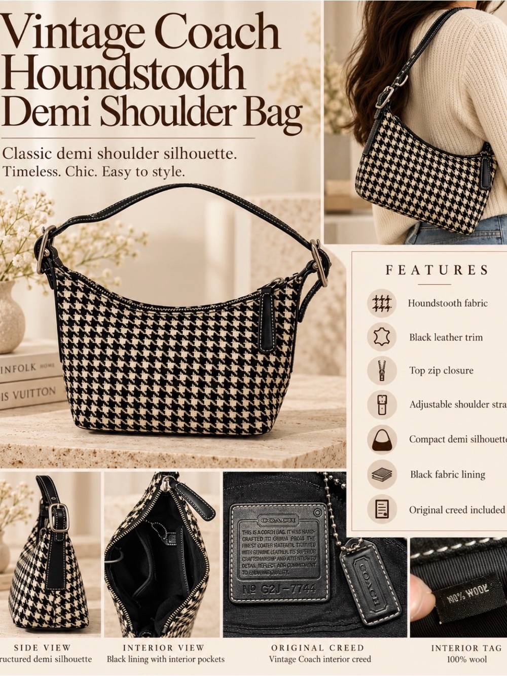 Coach Vintage Houndstooth Demi Shoulder Bag — Black & White